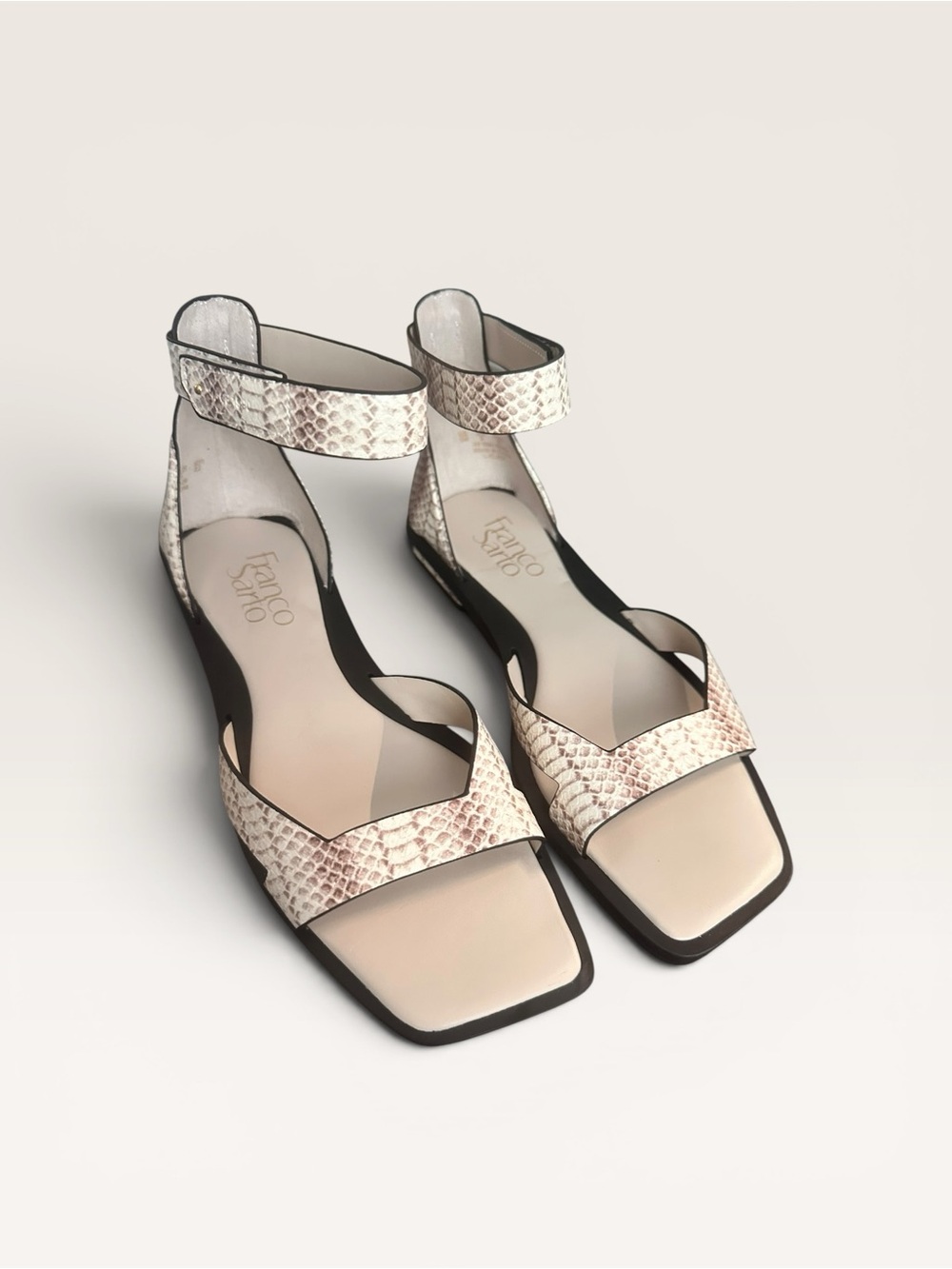 Franco Sarto Cream Snake-Print Ankle-Strap Sandals